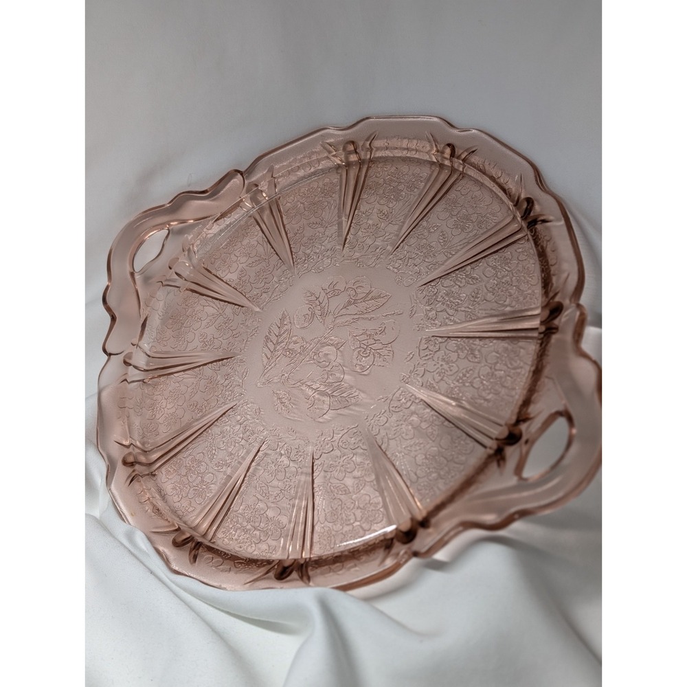 Jeannette Cherry Blossom Pattern Vintage Pink Depression Glass Handled Platter